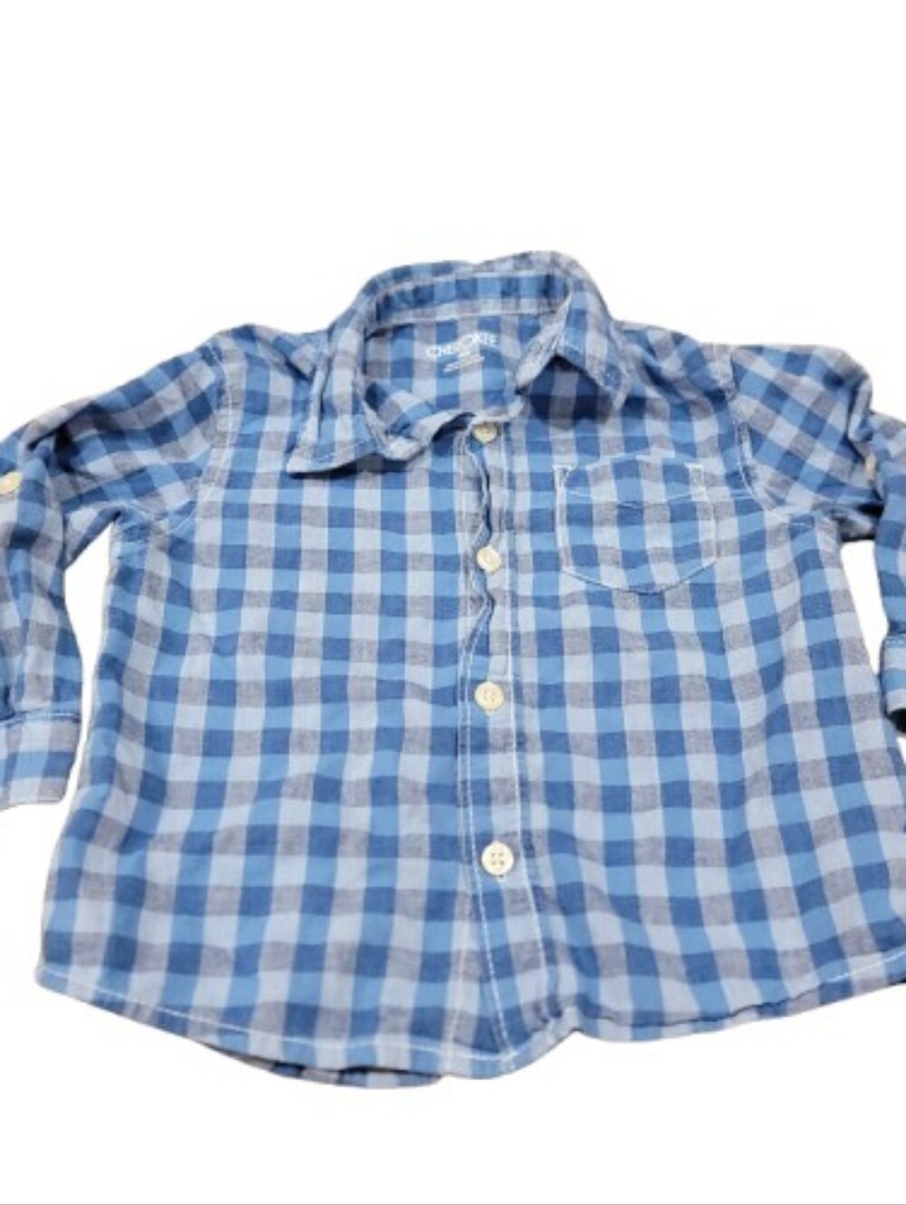 Cherokee Button Up Shirt Toddler Boys Size 18M Blue Plaid Long Sleeve Collar Top